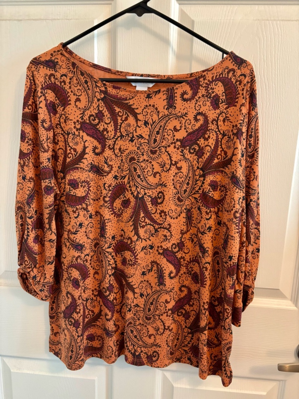 Liz Claiborne Orange Paisley Long-Sleeve Boatneck Top-EUC
